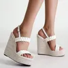 Sandaler Big Size Weave High Heels Women 2022 Ladies Pumps Wedges 16 cm Outside Round Toe Gladiator Female Platform Shoes