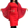 Arbetsklänningar Bodycon Dress Set Women Rhinestone Wide Belt Chiffon Flare Sleeve Elegant O-Neck Long Midi Workwear