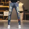 Jeans pour hommes Mens en détresse mendiant jeans sale déchiré denim pantalon broderie trou minceur long homme 220927