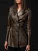 Women's Leather Faux Nerazzurri British Style Trench Coat for Women Long Sleeve Lapel Womens Fashion Slim Fit Soft Blazer 220928