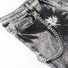 Jeans homme neige lavé cravate et teint avec chaîne Streetwear gris noir Slim droite Stretch Denim pantalon 220927