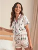 Kadın Çiçek Baskı Kontrast Bağlayıcı Satin Pijamaları Kısa Kollu Set
