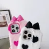 Lovely love bow girl plush fur phone case cases for iphone 14 13 12 11 xr xs MAX 7 8 Plus back cover pink black warm case girls cases