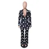 Women's Two Piece Pants Black White Polka Dot Print Women's Blazer Suits Casual Notched Long Sleeve Jacket And Straight Loose Trouser