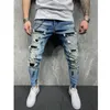 Mens Jeans Skinny män målade Stretch Slim Fit Ripped Estruerad Pleated Knee Patch Denim Pants Brand Casual Trousers 220928
