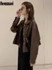 Женские кожаные кожаные кожаные куртки Snerazzurri осень короткие коричневые кожаные куртки с длинными рукавами
