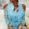 Women's Blouses Summer Sexy Off Shoulder Lace Blouse Women V Neck Cold Short Sleeve Top Floral Print Party Casual Shirts Blusas Tee