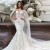 Plus Size Meerjungfrau Hochzeitskleid Arabisch Aso Ebi Sheer Neck Sweep Zug Lange Ärmel Sexy Brautkleider Kleider