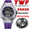 TWF TW26620 A2965 Ręka kręta męskie zegarek 42 mm Tourbillon Titanium Stal Case 3D Black Panther Dial Purple Guma Pasek 2022 Ograniczone Super Edition Eternity Watches