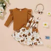 Clothing Sets Infant Baby Flying Sleeves Suspender Skirt Bow Headband Flower Pattern Elastic Waist Spring 6M-4T