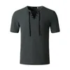 Été hommes t-shirt décontracté couleur unie col en v cordon t-shirts chemises nouveau mâle vêtements de sport à manches courtes hommes T-Shirt vêtements