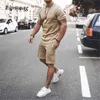 Herrspårsfall Fashion Solid Two Piece Set For Men Casual o-Neck Kort ärm toppar och dragskonter SHORTS TRACKSUITS Male 2021 Summer Streetwear G220927