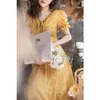 夏のレディースエレガントな黄色の花柄のシフォンドレス女性フリルフレンチスタイルの甘い女性ロングドレス