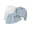 Zestawy odzieży 2PCS Baby Girl Party Strój Plaid Buttons Long Rleeve Guziki Przestrzeń Patchworka Skupaczka na szyję Zestaw dla małych dzieci 3-24 miesiące