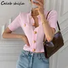 Women's Knits Tees Golden Button Sweater Woman Fall Short-sleeve Elegant Runway Knit Cropped Cardigan Women Korean Single Breasted Coat 220929