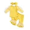 Clothing Sets 3 Pcs Born Daisy Pattern Outfits Baby Girls Mesh Patchwork Round Neck Long Sleeve Playsuit Flared Pants Headband