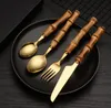 Bamboe handvat bestek set zilveren gouden vork lepel mes bestek sets roestvrijstalen flatware kit SN4184