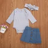 Set di abbigliamento 6-24 mesi Bambini Neonate Moda 3 pezzi Set di abiti Tinta unita Pagliaccetto Gonna di jeans Fascia Primavera Autunno