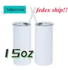 FedEx Ship Sublimation 15oz Straight Tumbler Skinny rostfritt stål Slim Tumblers med lock Vakuumisolerade resemugg barn gåva