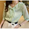 Damenblusen Rüschen Puppenkragen Chiffonhemden Frühling Herbst Elegante Mode Frauen Halbarm Allgleiches Tops Blusas MM1018