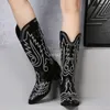 Boots Women Mid Calf Western Cowboy Pointed Toe Knee High Pull on Ladies Fashion Leather Embroidery Botas Mujer 3543 220928