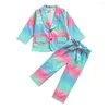 Kledingsets 2-7 jaar baby Kinderen babymeisjes Tie kleurstofkleding set lange mouw jas tops broek 2 stks kleurrijke lente herfst outfits