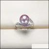Anillo solitario S925 Sterling Sier Ring Perla de agua dulce para mujer 8-9 Mm Natural con circón Joyería de moda Tamaño ajustable Boda Dhziq