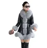 Women Plus Size winter Coats PU Leather Splicing Imitation fox fur collar plush sleeves Casual fashion leisure street long sleeve 3 color Outerwear mid-length jacket