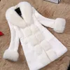 여성 플러스 사이즈 겨울 중간 길이 코트 모방 여우 모피 칼라 플러시 슬리브 캐주얼 패션 레저 거리 긴 소매 느슨한 외부웨어 따뜻한 재킷