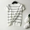 Damenpullover Koreanische Frauen gestricktes T-Shirt Sommer gut elastische Strickpullover T-Shirts beiläufige lose gestreifte Tops