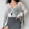 Kvinnors stickor Tees Karrram Sexig Se genom beskuren Cardigan Women Thin Hollow Out Sticked Cardigans långärmad V-ringad tröja Crop Topps Korean 220929