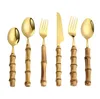 Bambuhandtag fr￥n Cutlery Set Silver Golden Fork Spoon Knife Cutary Set Rostfritt st￥l Flatware Kit SN4184