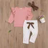 Ensembles de vêtements enfants bébé filles ensemble de vêtements avec volants à manches longues col rond hauts pantalons imprimé léopard noeud papillon bandeau 3 pièces tenue