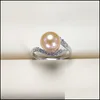 Solitaire Ring S925 Sterling Sier Ring Freshwater Pearl For Women 8-9 Mm Natural With Zircon Fashion Jewelry Adjustable Size Wedding Dhziq