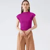 Kvinnors T-skjortor Miyake Pleat Woman T-shrit solid rund krage kort kronblad ärm i pullover vild elastisk avslappnad stil 2022 sommarmode