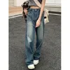 Jeans da donna blu dritto a vita alta stile americano streetwear pantaloni vintage design chic casual da donna denim pantaloni a gamba larga 220928