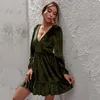 Casual Dresses European And American Ins Women's Dark Green Deep V-neck Puff Sleeve Velvet Ruffled Dress Sexy Party Night Club