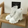 Stiefel aushöhlen Mesh Sommer Plattform Knöchel für Frauen atmungsaktive Reißverschluss Schnürung Freizeitschuhe Frau Low Heels kurze Booties weiß