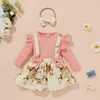 Clothing Sets Infant Baby Flying Sleeves Suspender Skirt Bow Headband Flower Pattern Elastic Waist Spring 6M-4T