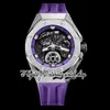 TWF TW26620 A2965 Ręka kręta męskie zegarek 42 mm Tourbillon Titanium Stal Case 3D Black Panther Dial Purple Guma Pasek 2022 Ograniczone Super Edition Eternity Watches