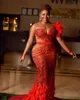 Arabic Aso Ebi Red Mermaid Prom Dresses Crystals Feather Feather Evening Formale Secondo ricevimento di abbigliamento abiti da fidanzamento di compleanno Dress ZJ