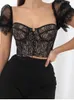 Blusas femininas Blusa de manga de manga de feminina blusa de malha sexy colar de malha sexy feminino lace preto up camisa curta feminina femme 2022 Summer Summer Crop Tops