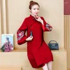 Etniska kl￤der Autumn Winter Women Coat Embroidery Cheongsam Retro Chinese Dress Mandarin Collar Year kl￤der Eleganta kl￤nningar Big Size XL-5XL