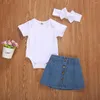 Set di abbigliamento 6-24 mesi Bambini Neonate Moda 3 pezzi Set di abiti Tinta unita Pagliaccetto Gonna di jeans Fascia Primavera Autunno