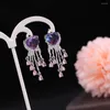 Studörhängen 925 Sterling Silver Purple Heart Crystal Tassel Fashion Women's High Quality Jewelry