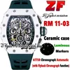 Z Latest version zf11-03 Mens Watch A7750 Chronograph Automatic White Ceramic Case Skeleton Dial Luminous Markers Green Rubber Strap Super Edition eternity Watches