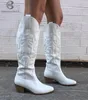 Boots Plus Size 45 Womens Embroidered Western Knee High Cowboy Cowgirl Chunky Heel Platform Women Shoes 220928