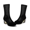 Bottes maille sandales femmes bottine pour l'été talon haut classique respirant bout rond chaussures évider dos Zip noir