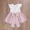 Mädchen Kleider 0-8Y 2022 Sommer Prinzessin Formale Kleid Infant Baby Mädchen Rüschen Ärmel Solide Perle Spitze Patchwork Zurück bowknot Tutu