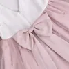 Mädchen Kleider 0-8Y 2022 Sommer Prinzessin Formale Kleid Infant Baby Mädchen Rüschen Ärmel Solide Perle Spitze Patchwork Zurück bowknot Tutu